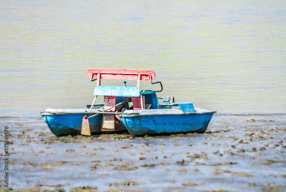 Naklejka premium old abandoned catamaran on the shore