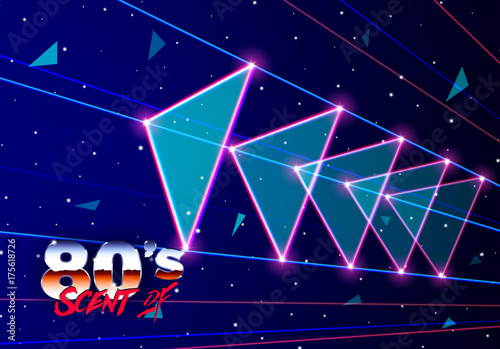 Neon 80s styled triangles flying in space with laser rays