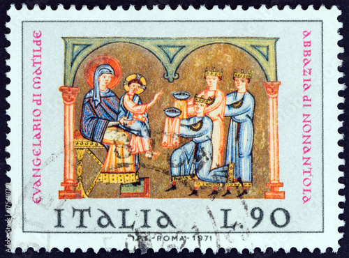 The Adoration of the Magi, miniature from Matilda's Evangelarium, Nonantola Abbey, Modena (Italy 1971)