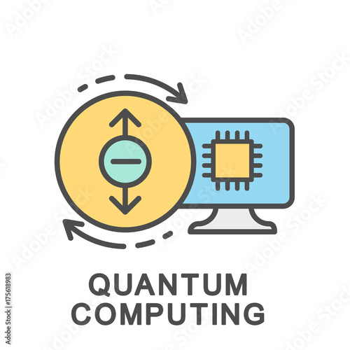 Icon quantum computer. Calculations based on quantum algorithms. The thin contour lines with color fills.