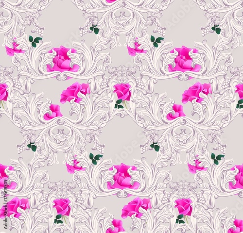 Baroque luxury ornament with roses flowers pattern Vector. Royal victorian ri...