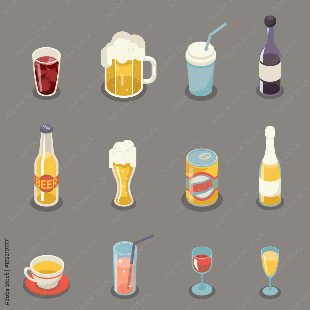 Isometric Retro Flat Alcohol Beer Juice Tea Wine Drink Icons and Symbols Set Vector Illustration Isometric Retro Flat Alcohol Beer Juice Tea Wine Drink Icons and Symbols Set Vector Illustration