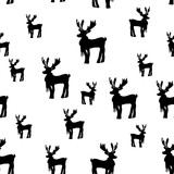 White seamless pattern with black deer silhouettes. Lovely silhouette of Christmas deer Rudolph in scarf. Hand drawn animal illustration for prints, wrapping paper, clothes, designs, scrapbook, cards.
