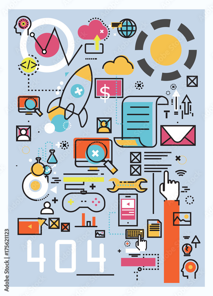Vector creative concept illustration of software and startup on white background. Horizontal template. Hand draw flat Vector creative concept illustration of software and startup on white background. Horizontal template. Hand draw flat