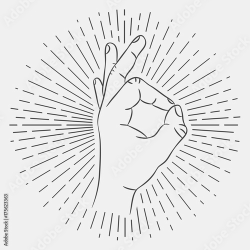 OK hand sign. Okay gesture. Hand-drawing illustration with hipster sunburst. Vector.