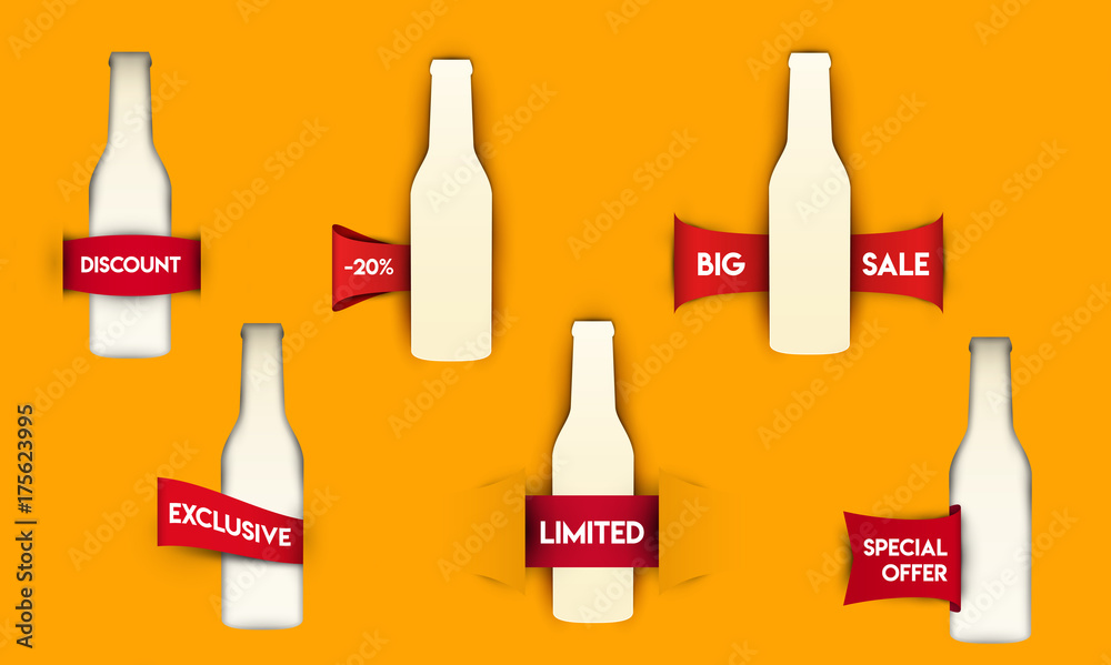 Set of silhouette bottle with red ribbon in paper cut trendy craft style. Template voucher, coupon, banner or sticker for design branding, advertising, promote. Vector illustration. Set of silhouette bottle with red ribbon in paper cut trendy craft style. Template voucher, coupon, banner or sticker for design branding, advertising, promote. Vector illustration.