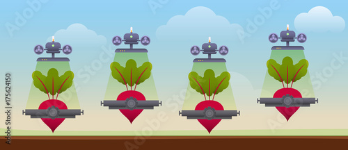 Field with big beetroot. Creative inspiration concept with futuristic technology mechanical device and natural organic products. Vector illustration.
