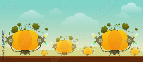 Field with large ripe pumpkin. Creative inspiration concept with futuristic technology mechanical device and natural organic products. Vector illustration.