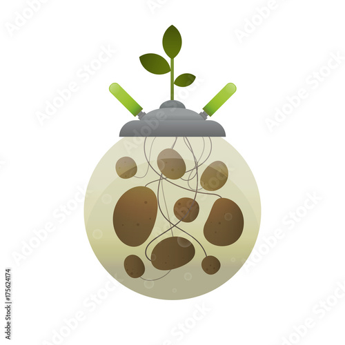 Large bush of fresh potatoes. Creative inspiration concept with futuristic technology mechanical device and natural organic products. Vector illustration.