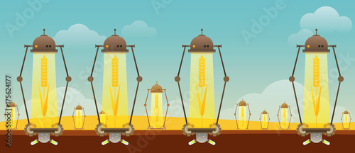 Field with ripe wheat. Creative inspiration concept with futuristic technology mechanical device and natural organic products. Vector illustration.