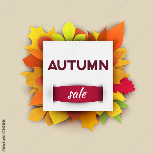 Autumn sale banner with colorful fall foliage in paper cut style. Template background for branding, advertising, promote, coupon, voucher. Vector illustration.