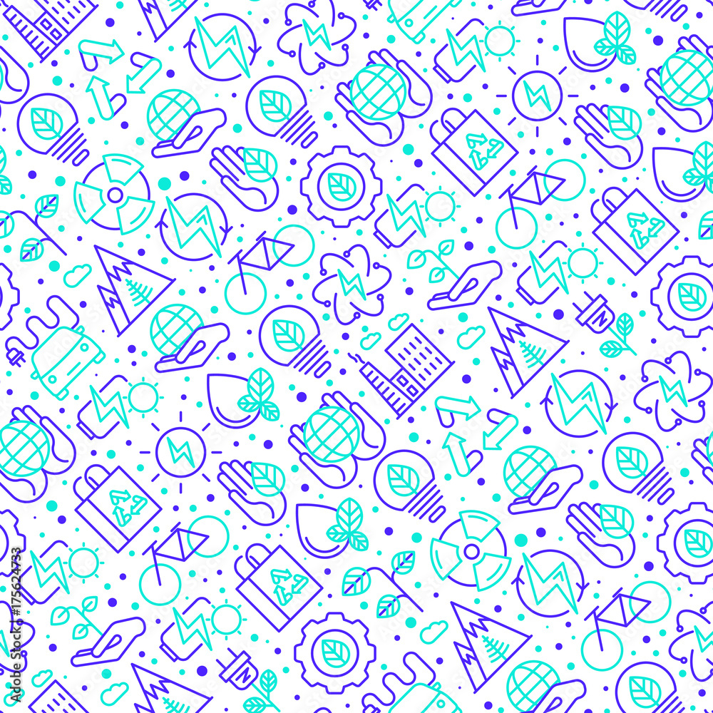 Ecology and green energy seamless pattern with thin bicolor line icons for environmental, recycling, renewable energy, nature. Vector illustration for banner, web page, print media. Ecology and green energy seamless pattern with thin bicolor line icons for environmental, recycling, renewable energy, nature. Vector illustration for banner, web page, print media.