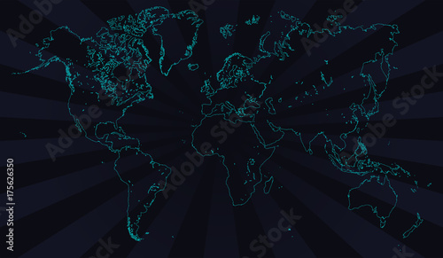 Vector world map. Neon contour, deep blue background. Outline graphic freehand drawing. Abstract illustration of Asia, Europe, north and south america, Australia and africa