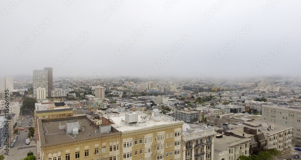 San Francisco aerial skyline shrouded by fog