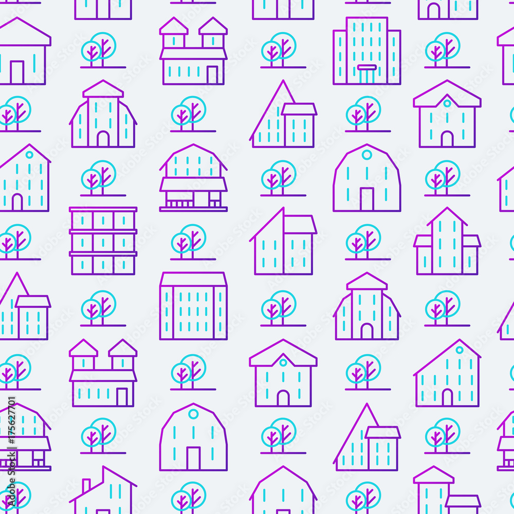 Real estate seamless pattern with thin line houses and trees. Modern vector illustration for background of banner, web page, print media.