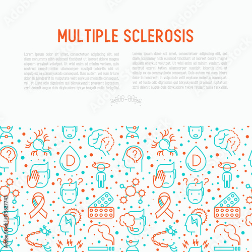 Multiple sclerosis concept with thin line icons of symptoms and treatments: disorientation, heredity, neuron myelin sheaths, vitamin D. Vector illustration for banner, web page.