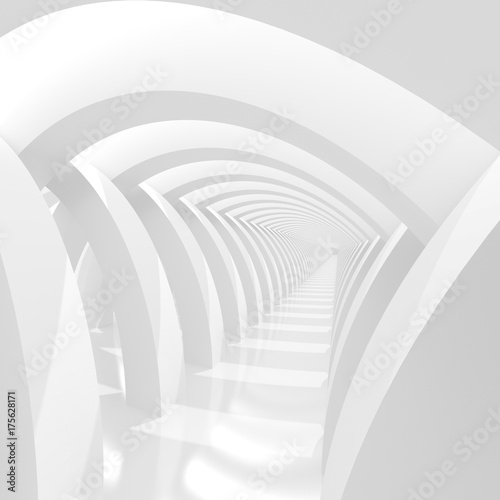 Fototapeta Naklejka Na Ścianę i Meble -  Futuristic white corridor with abstract columns and bright light. 3D Rendering.