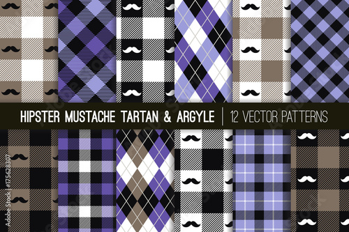 Hipster Mustache Tartan Plaid and Argyle Vector Patterns in Purple, Blue, Gray and Black. Men's Health Awareness Month. Barbershop Style. Father's Day Backgrounds. Pattern Tile Swatches Included.