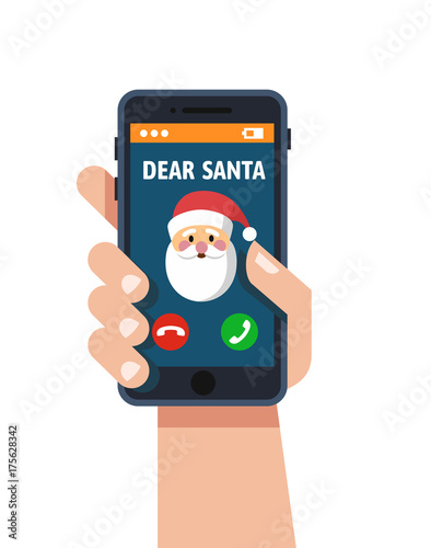 Smart phone in hand. Santa claus calls.