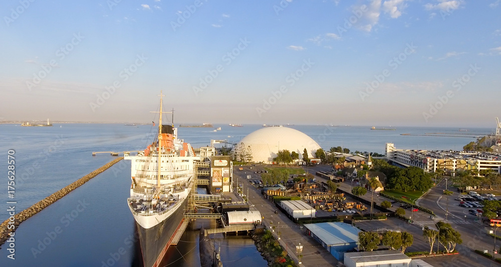 Aerial view of RMS Queen Mary ocean liner, Long Beach, CA