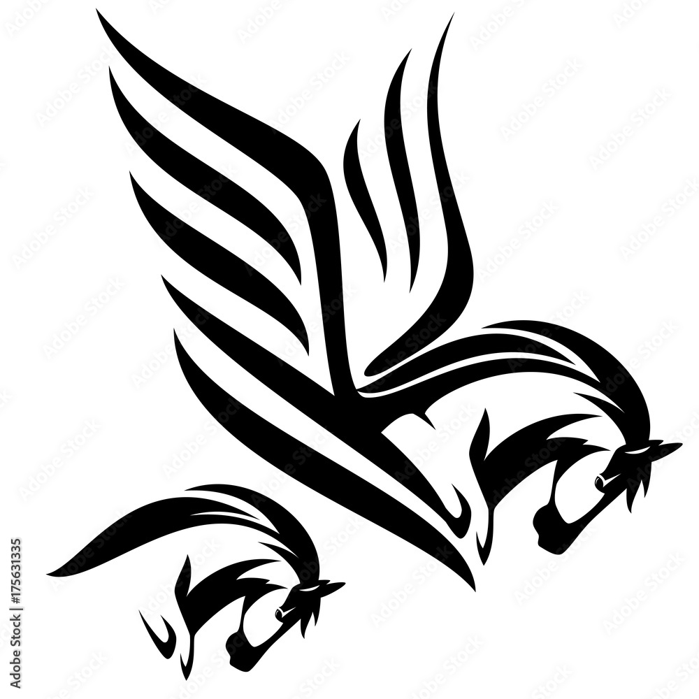 Fototapeta premium pegasus and horse black and white side view head vector design