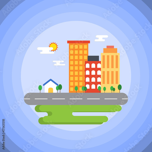Cityscape in flat style. House and buildings near street and green field on sunny day.