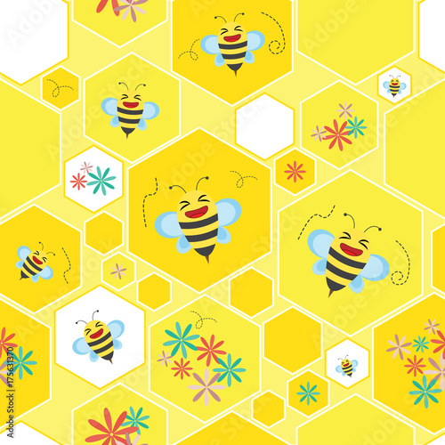 Seamless vector background, cute bee on honeycomb background.