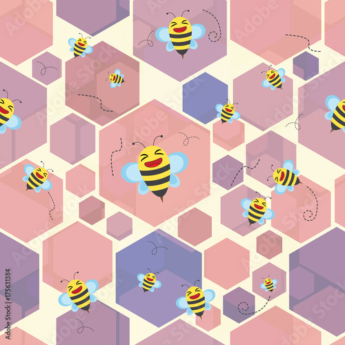 Seamless vector background, cute bee on honeycomb background.