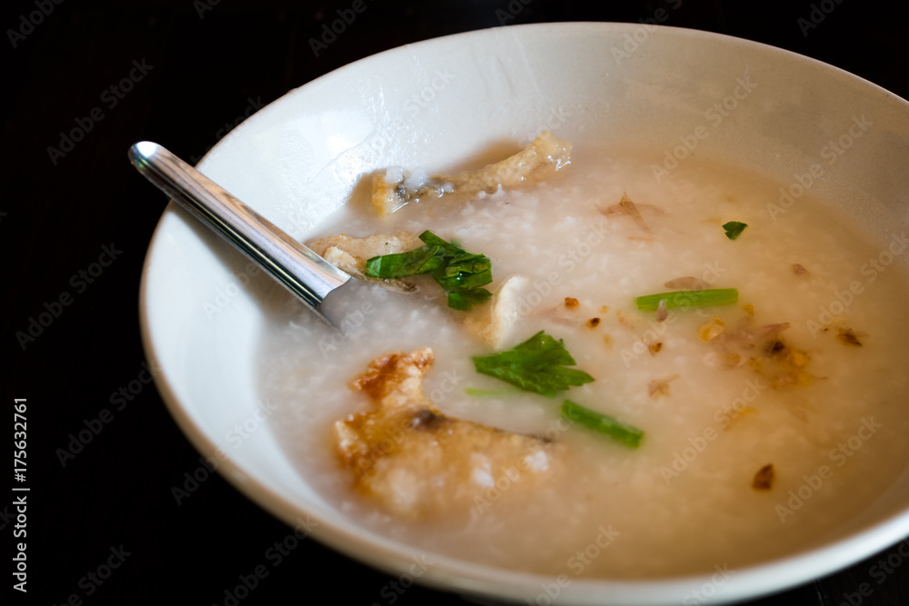 Thai style breakfast, rice porridge with fish