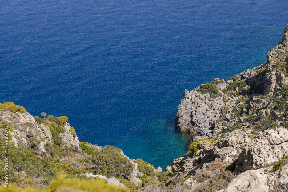 Rock coastline on Greece island Kalymnos, Telendos. Sea summer view from hiking trail.