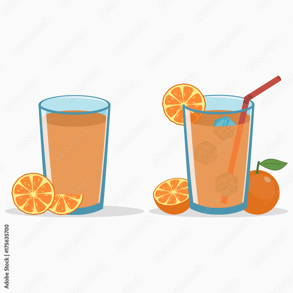 Orange juice in a glass with orange slice and half. Natural fresh citrus drink with straw and ice cube. Vector illustration. Orange juice in a glass with orange slice and half. Natural fresh citrus drink with straw and ice cube. Vector illustration.