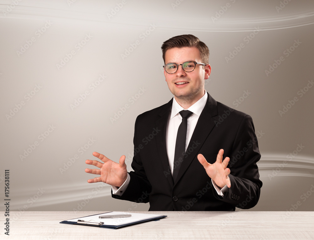Televison host in live show with blank background