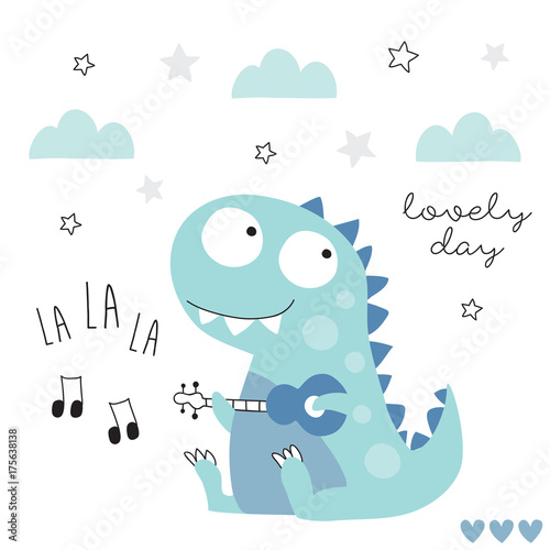 Fototapeta Naklejka Na Ścianę i Meble -  music by dinosaur with guitar vector illustration