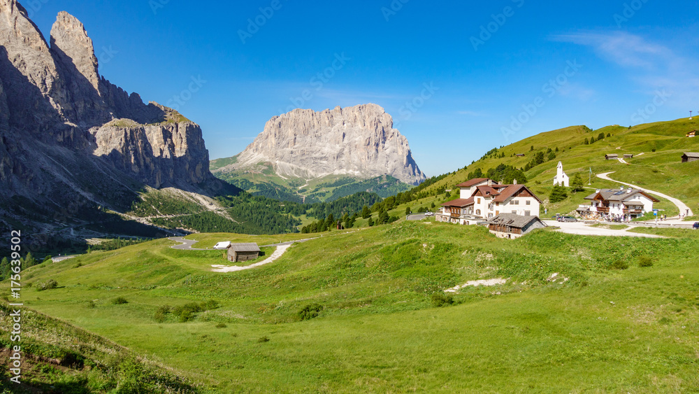 Picturesque sella rock from gardena pass in Dolomites, Italy
