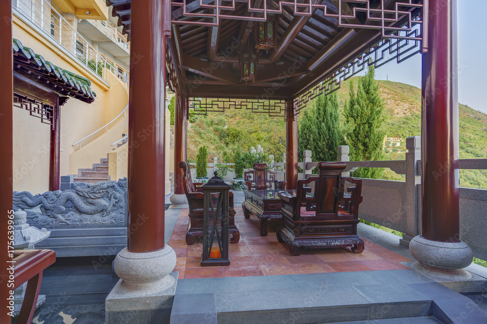 Obraz premium Exterior of a villa, pergola in a Chinese style