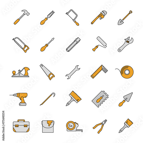 Construction tools color icons set