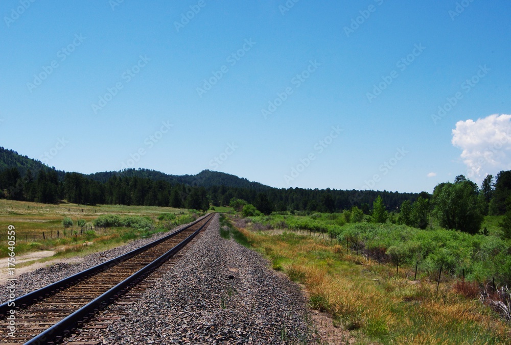 Railroad tracks going off into the distance of the Colorado mountains