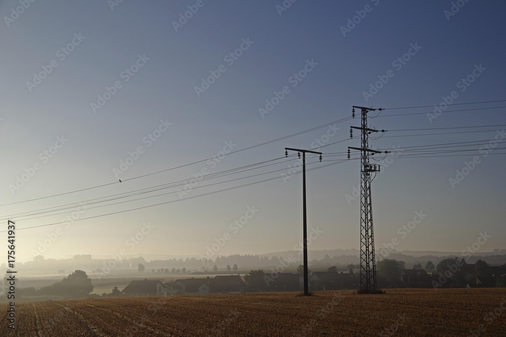 Electricity pylons in the morning, Upper Swabia, Baden-Wuerttemberg, Germany, Europe Electricity pylons in the morning, Upper Swabia, Baden-Wuerttemberg, Germany, Europe