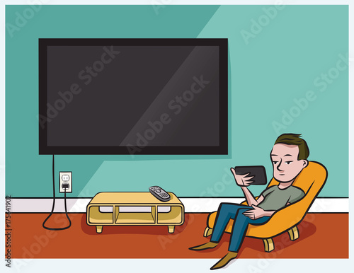 A man watches tv on his phone instead of his wide-screen television