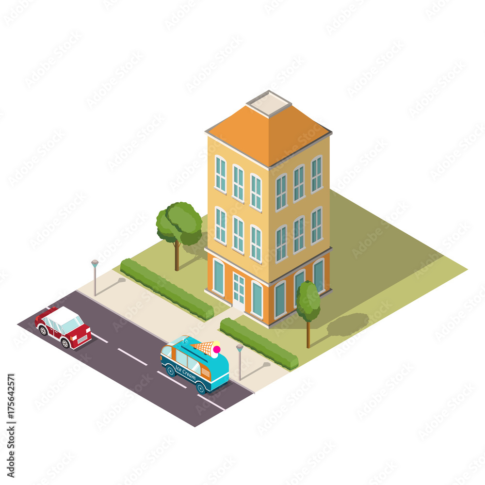 Isometric 3D city house and cars building.The street with the sidewalk and lamps and urban traffic movement of the car van,sedan with trees and nature icon or infographic town apartment building