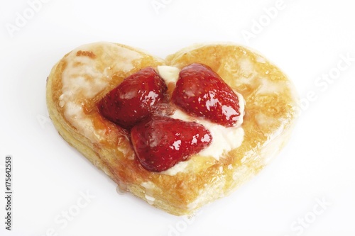 Heart-shaped strawberry pastries, puff pastry with custard and strawberries
