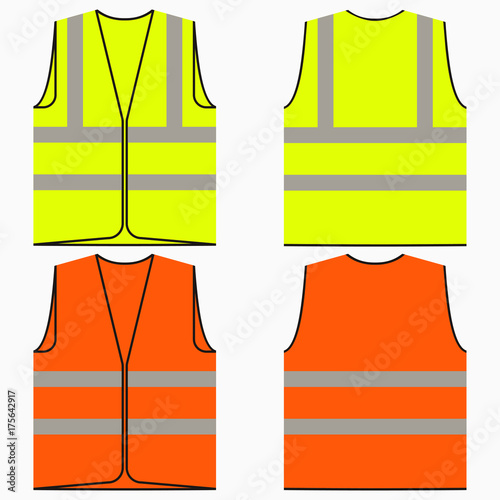 Safety vest. Set of yellow and orange work uniform with reflective stripes. Vector illustration. photo