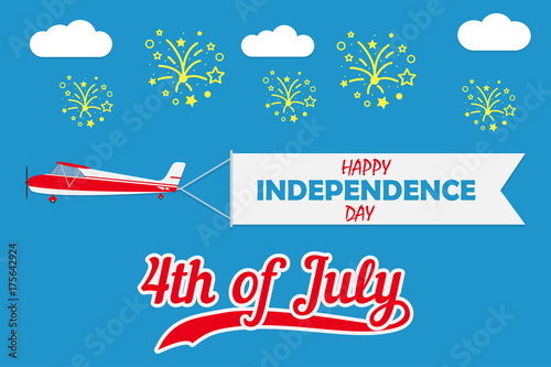 Happy Independence Day card with plane with flying banner and fireworks. United states of America celebrates - 4th of July. Typography design print for poster. Vector illustration.