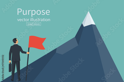 Purposeful businessman with flag in hand. Beginning of way to achievement of goal. Standing in front climb to mountain. Purpose concept. Vector illustration flat design. Aspirational people. Mission