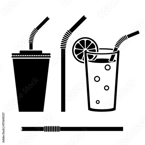 Orange juice in glass. Isolated black icon silhouette. Straw beverage. Plastic pipe pictogram. Tube drinking sign. Paper cup soda. Vector illustration flat design. Isolated on white. Fast food drink.