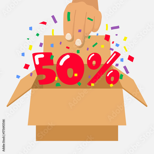 Discount opening. Human open cardboard box. 50 discount colorful falling confetti serpentine. Isolated on white background. Vector illustration flat design. Big sale best offer.