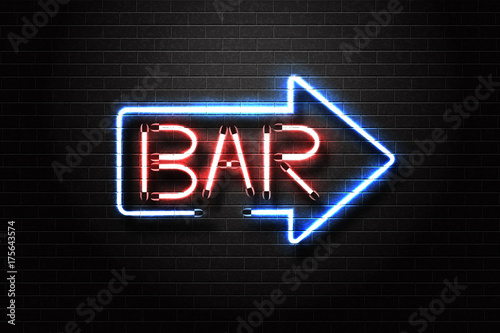 Vector realistic isolated neon sign of Bar lettering arrow for decoration and covering on the wall background. Concept of night club.