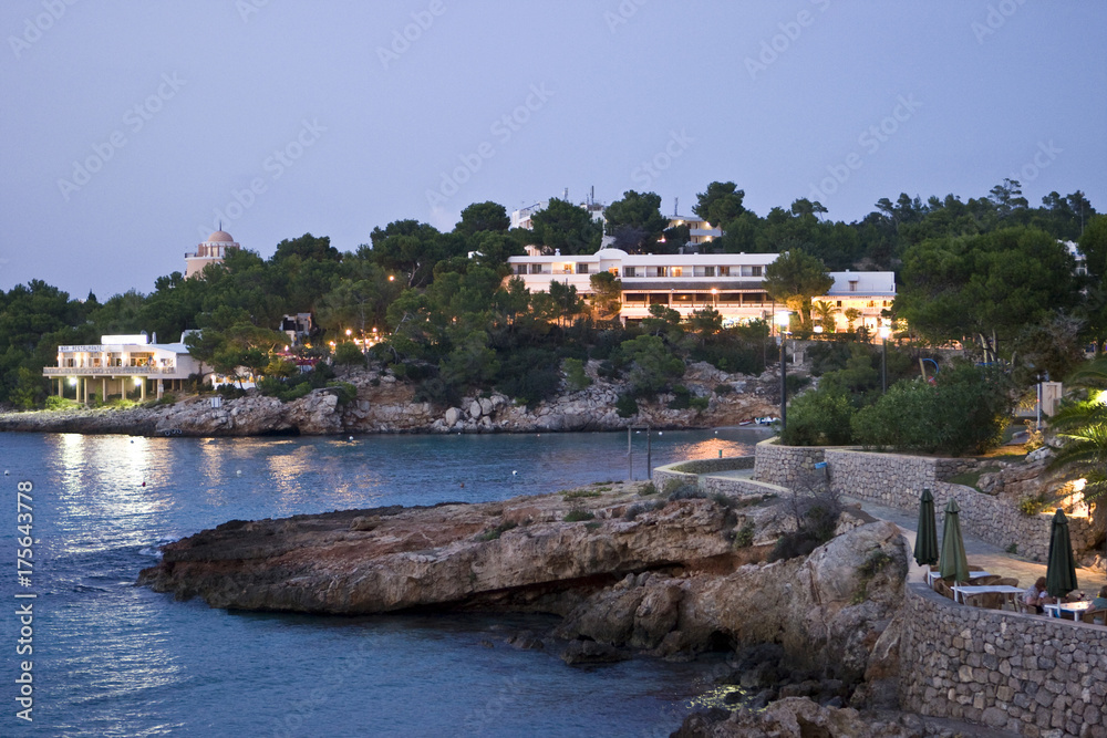 Coast of Portinatx with restaurants at night, Ibiza, Baleares, Spain, Europe