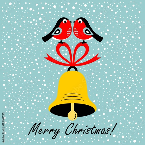 Christmas card. Cartoon bullfinches on the bell. Vector clipart