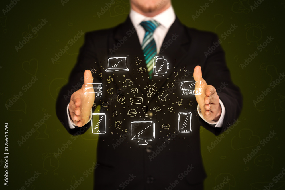 Businessman holding networking icons Businessman holding networking icons